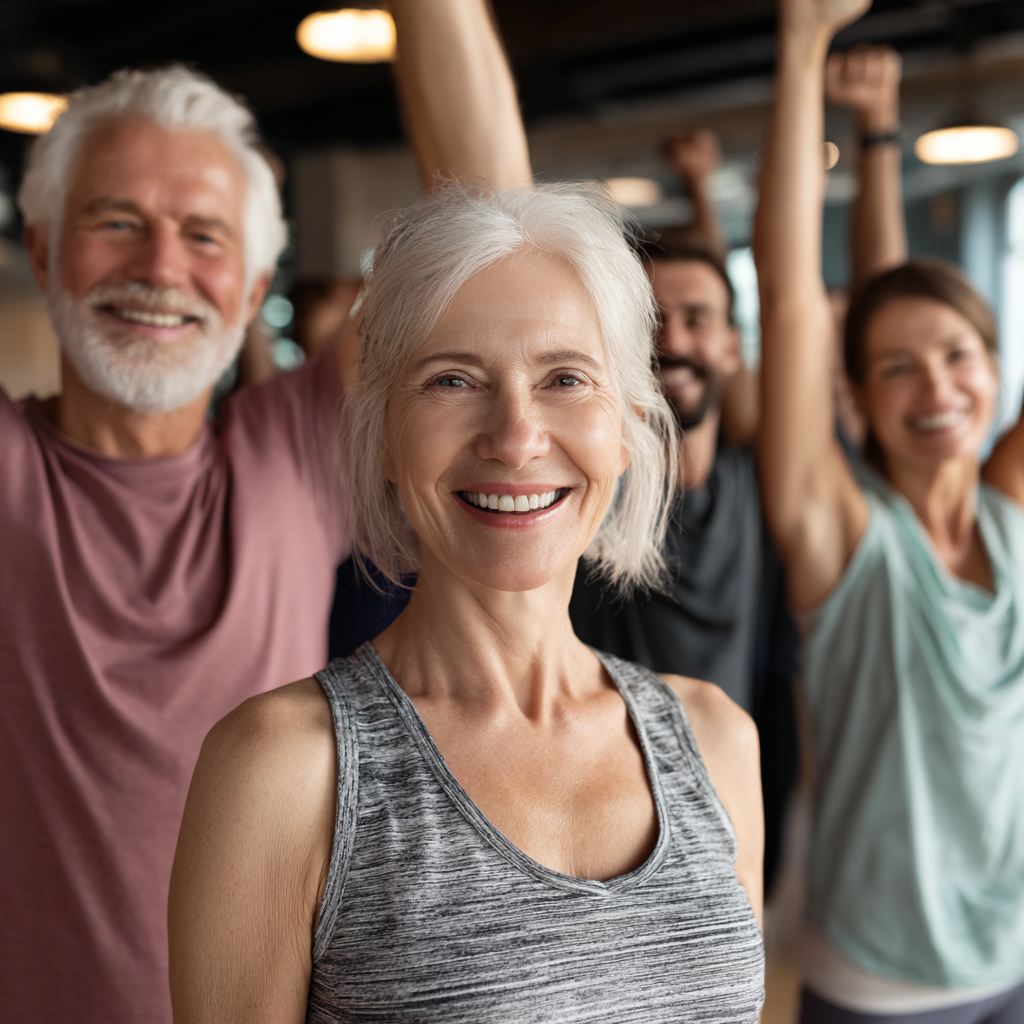 Group of mature adults celebrating fitness achievements together in supportive environment