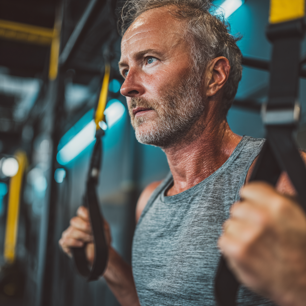 Middle-aged person performing functional training exercises in modern fitness environment